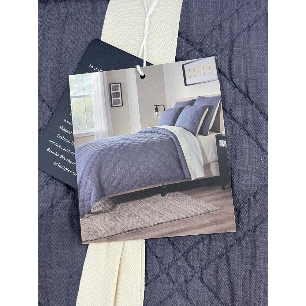 Brooks Brothers Cotton Slub Quilt and Sham Set KING Dark Blue Diamond Stitch New